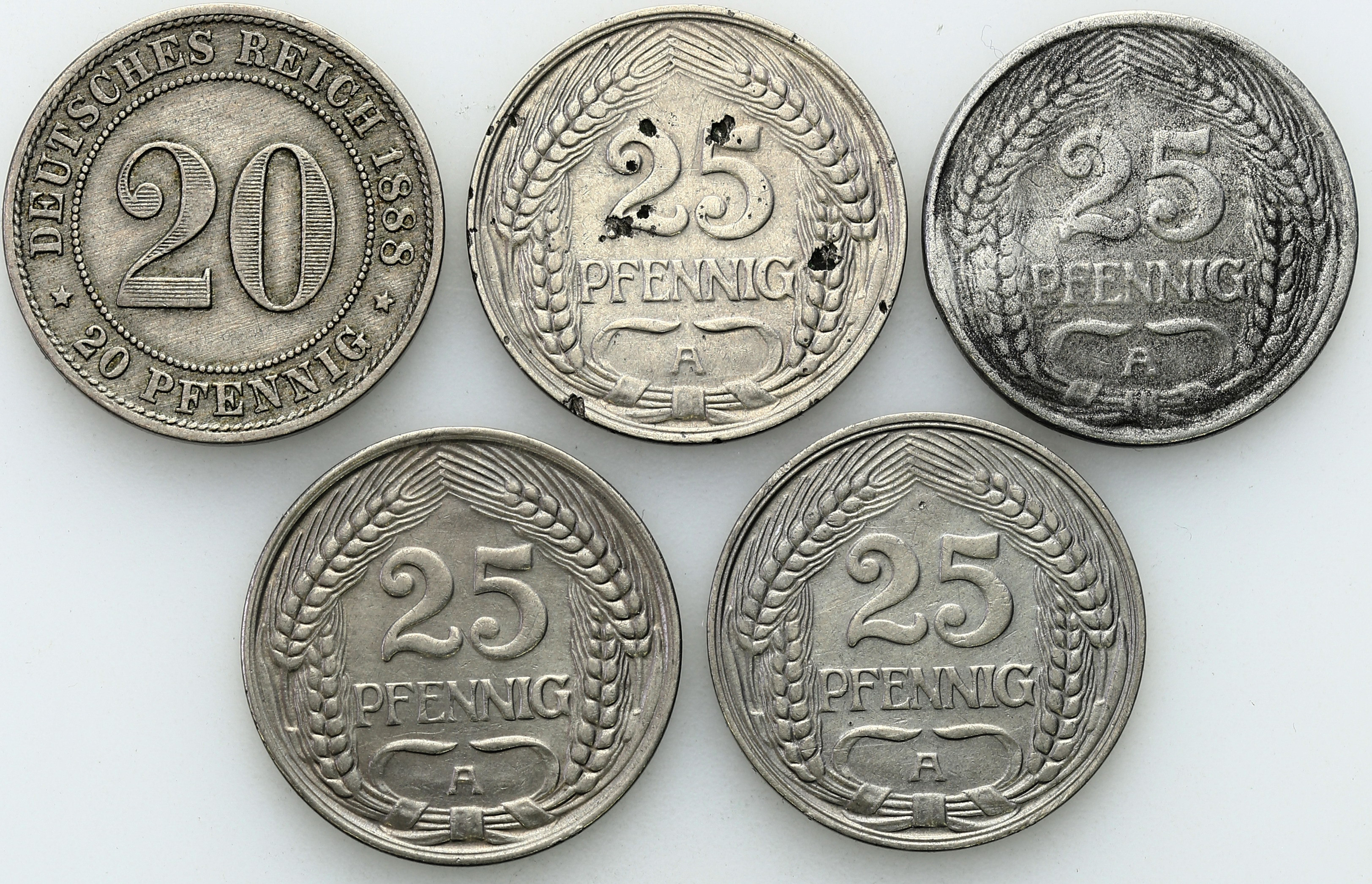 Niemcy. 20 - 25 fenigów 1888 - 1917, zestaw 5 sztuk